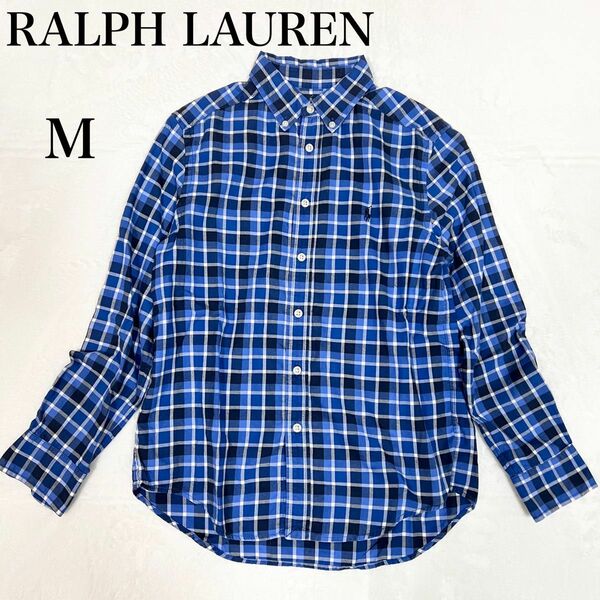 RALPH LAUREN チェック長袖シャツ ホースロゴ 刺繍　ブルー　Mサイズ