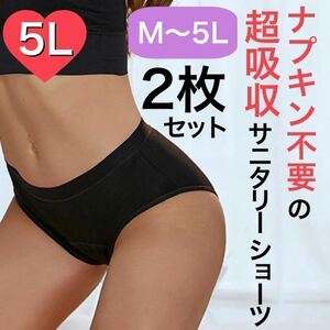 5L サイズ サニタリー ショーツ 生理用 吸水 ナプキン不要 産褥 タンポン ブラック 黒 2枚セット 5Lサイズ 下着 吸収 パンツ