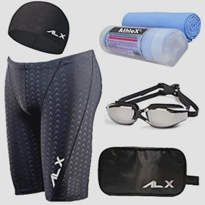 送料無料★AthleXメンズ 競泳水着 男性 スイミング ゴーグル スイムキャップ ハーフパンツ (5点セット M)ブラック