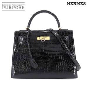 新品同様 エルメス HERMES クロコダイル ケリー 32 2way ハンド ショルダー バッグ ポロサス ブラック 外縫い T刻印 90201705