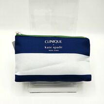 CLINIQUE × kate spade メイクポーチ ブルー×ホワイト×ライトグリーン ボーダー柄 水玉柄 シルバー金具 レディース_画像1