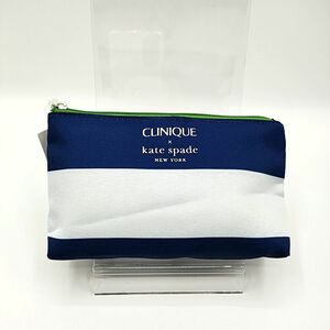 CLINIQUE × kate spade メイクポーチ ブルー×ホワイト×ライトグリーン ボーダー柄 水玉柄 シルバー金具 レディース