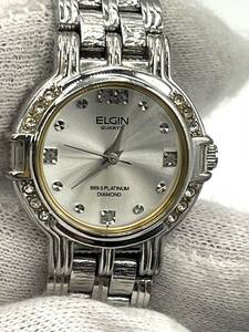 【稼動○】ELGIN エルジン クォーツ 腕時計 シルバー文字盤 ラウンド レディース 999.5 platinum DIAMOND FK-1058-E