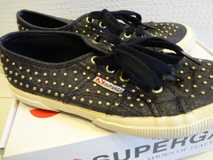  spec ruga*37*24cm* studs * Gold * black * low cut *SUPERGA* Italy made * Celeb sneakers 