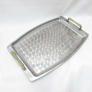 [1 jpy ~] stainless steel O-Bon distribution serving tray Cafe tray length hand tray length angle serving tray rectangle Showa Retro antique Vintage handle attaching USED /2401D