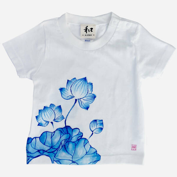 キッズ Tシャツ 140サイズ ホワイト 蓮柄Tシャツ 手描きで描いた蓮の花柄Tシャツ 半袖 和柄 和風 レトロ ハンドメイド