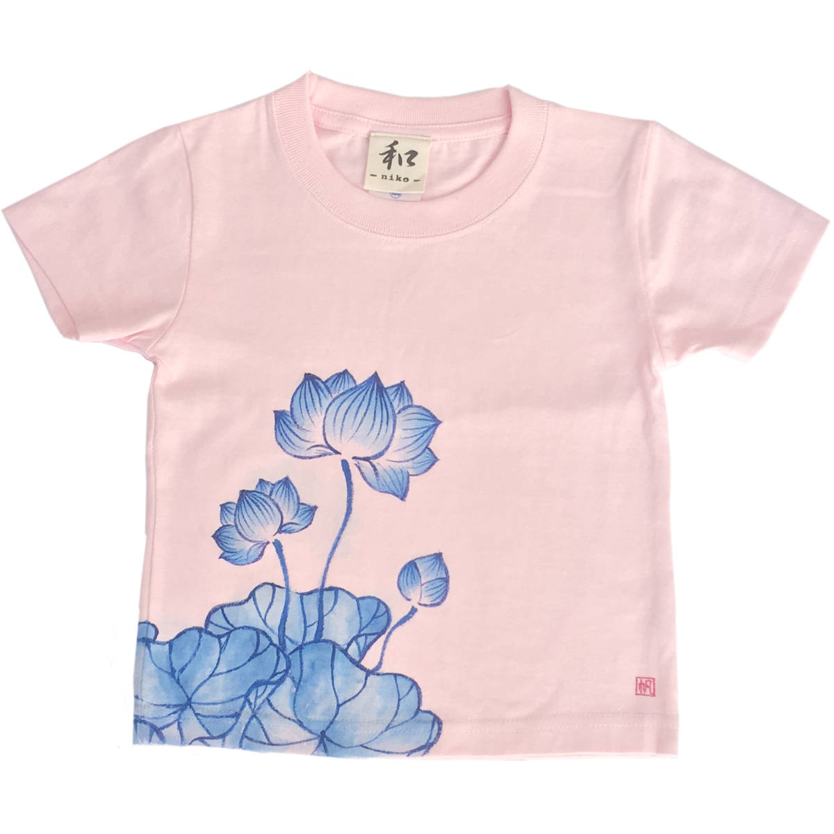 キッズ Tシャツ 130サイズ ピンク 蓮柄Tシャツ 手描きで描いた蓮の花柄Tシャツ 半袖 和柄 和風 レトロ ハンドメイド, トップス, 半袖Tシャツ, 130(125~134cm)