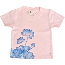 キッズ Tシャツ 90サイズ ピンク 蓮柄Tシャツ 手描きで描いた蓮の花柄Tシャツ 半袖 和柄 和風 レトロ ハンドメイド_画像1