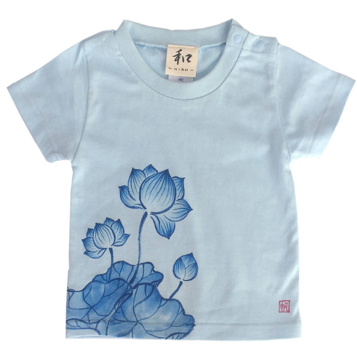 Kids T-shirt, size 110, blue lotus pattern T-shirt, hand-drawn lotus flower pattern T-shirt, short sleeve, Japanese pattern, Japanese style, retro, handmade, tops, Short sleeve T-shirt, 110(105~114cm)