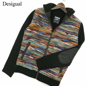 Desigual man デシグアル ウール混★ 切替 エルボーパッチ ジップアップ ニット 中綿 ブルゾン ジャケット Sz.S　メンズ 黒　A4T00228_1#N