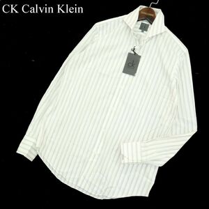 新品 未使用★ CK Calvin Klein カルバンクライン 通年 長袖 ホリゾンタルカラー ストライプ シャツ Sz.M　メンズ 白 日本製　A4T00220_1#C