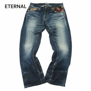 ETERNAL 備中倉敷工房 倉 エターナル 和柄 花柄 切替★ USED加工 ストレッチ デニム パンツ ジーンズ Sz.M～L位　メンズ　A4B00403_1#R