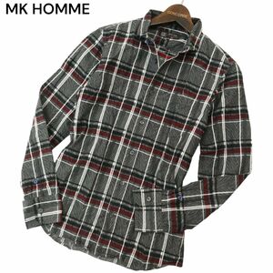 MK HOMME ミッシェルクラン オム 通年 ゼブラ チェック★ ジャガード 襟ワイヤー 長袖 スリム シャツ Sz.46　メンズ グレー　A4T00703_1#C