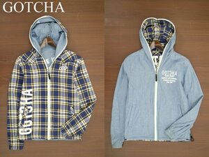 GOTCHA ガッチャ 2way リバーシブル★ 刺繍 フランネル チェック&シャンブレー ジップアップ パーカー Sz.M　メンズ サーフ　A4T00121_1#O