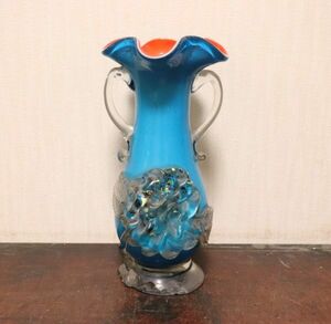 大正時代 古いガラス花瓶 青硝子 n813
