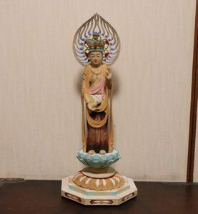 とても綺麗な木彫 彩色の十一面観音菩薩像 仏像 n729