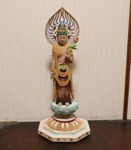 とても綺麗な木彫 彩色の観音菩薩像 仏像 n730_画像1