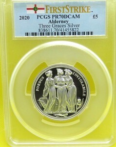 2020年 FIRST STRIKE　PCGS　PR70DCAM スリーグレイセス（三美神）５ポンド銀貨　英国領オルダニー島 箱、COA付