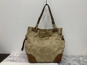 ☆1000円スタート☆ COACH コーチ F14505 シグネチャー キャンバス×レザー トートバッグ ベージュ系×ブラウン系　◆22697