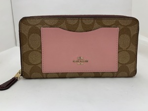 ☆1000円スタート☆ COACH コーチPV/長財布シグネチャー ベージュ×ピンク　F57318　◆22909