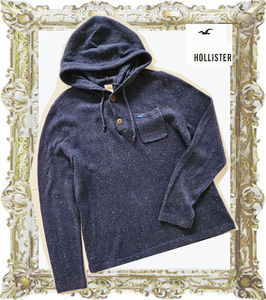 送料無料◆定価8千円◆HOLLISTER ホリスター ネイビー フーディボタン 長袖ニットメンズSサイズ クリーニング済 美品