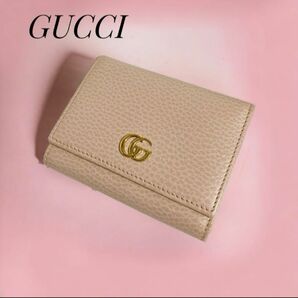 美品 グッチ GUCCI 財布 レザー ピンク GGマーモント プチ コンパクト