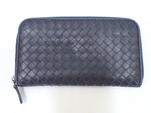 k4334 / BOTTEGA VENETA ボッテガ ヴェネタ 長財布 ラウンド ジップ ファスナー ブラック 黒 レザー イントレチャート 現状品