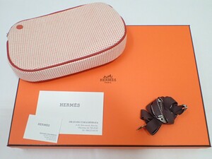 k4345 / 極美品 HERMES エルメス エシャペ トワルH キャンバス トイレタリー ミニ ポーチ カード リボン 箱付 現状品