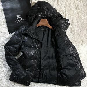 トロトロラムレザー!! 2way BURBERRY Black Label バーバリー ブラックレーベル メンズ レザー ダウンジャケット 羊革 フード 黒 ブラック