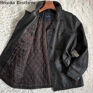 美品 ブルックスブラザーズ Brooks Brothers メンズ カーコート レザー ジャケット ダブル キルティング エルボーパッチ 牛革 トレンチ M~L