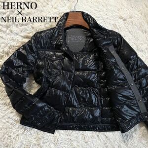 希少 HERNO×NEIL BARRETT ヘルノ ニールバレット メンズ ダウンジャケット M相当 ダウン フェザー 黒 ブラック ダブルポケット ミドル丈