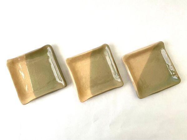 小皿 角皿 砧青磁 掛け分け 陶器 3点 ハンドメイド 使用済み