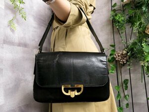 ●超美品●GUCCI オールド グッチ●スエード リザード 型押し レザー 本革●ワンショルダー バッグ●黒●G金具●ヴィンテージ●Js43146