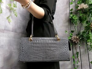 ●超美品●Falchi ファルチ●クロコダイル 型押し レザー 本革●ハンド バッグ●グレー系●ゴールド金具●肩掛け●収納 かばん●Js42987