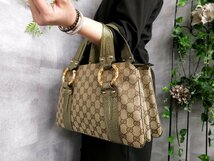 超美品●GUCCI グッチ●メタル バンブー●GGキャンバス カーフ レザー 本革●ハンド バッグ●ベージュ メタリックグリーン●G金具●Js43899_画像3