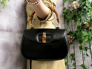 ●超美品●新品同様●GUCCI グッチ●バンブー●ボックス カーフ レザー 本革●ハンド バッグ●黒●G金具●ヴィンテージ●腕掛け●Js43803