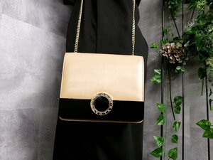 ●超美品●BVLGARI ブルガリ●アルバ●カーフ レザー 本革●チェーン ショルダー バッグ●ベージュ系 黒●ゴールド金具●斜め掛け●Js43894