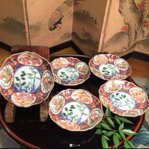 A608 古伊万里 極上赤絵 窓絵に団龍鳳凰紋様 綾花型 金縁 小皿5枚(箱付)