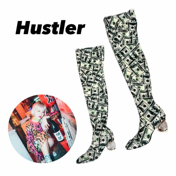 【 hustler 】　ドル札柄　総柄　25.5センチ　ロングブーツ　個性柄　白