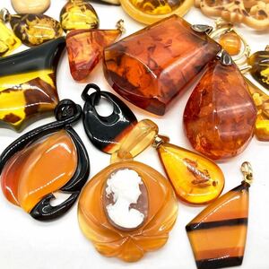 ■琥珀・鼈甲ペンダントトップ19点おまとめ■j 約80.5g コハク こはく アンバー べっ甲 べっこう amber accessory jewelry CE0