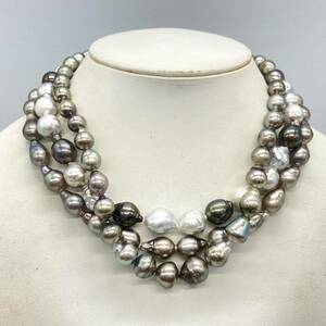 ■南洋黒蝶真珠ネックレス3点おまとめ■j約144g 約45.5〜46cm 8~11.5mm珠 パール pearl ジュエリーjewelry necklace DE0