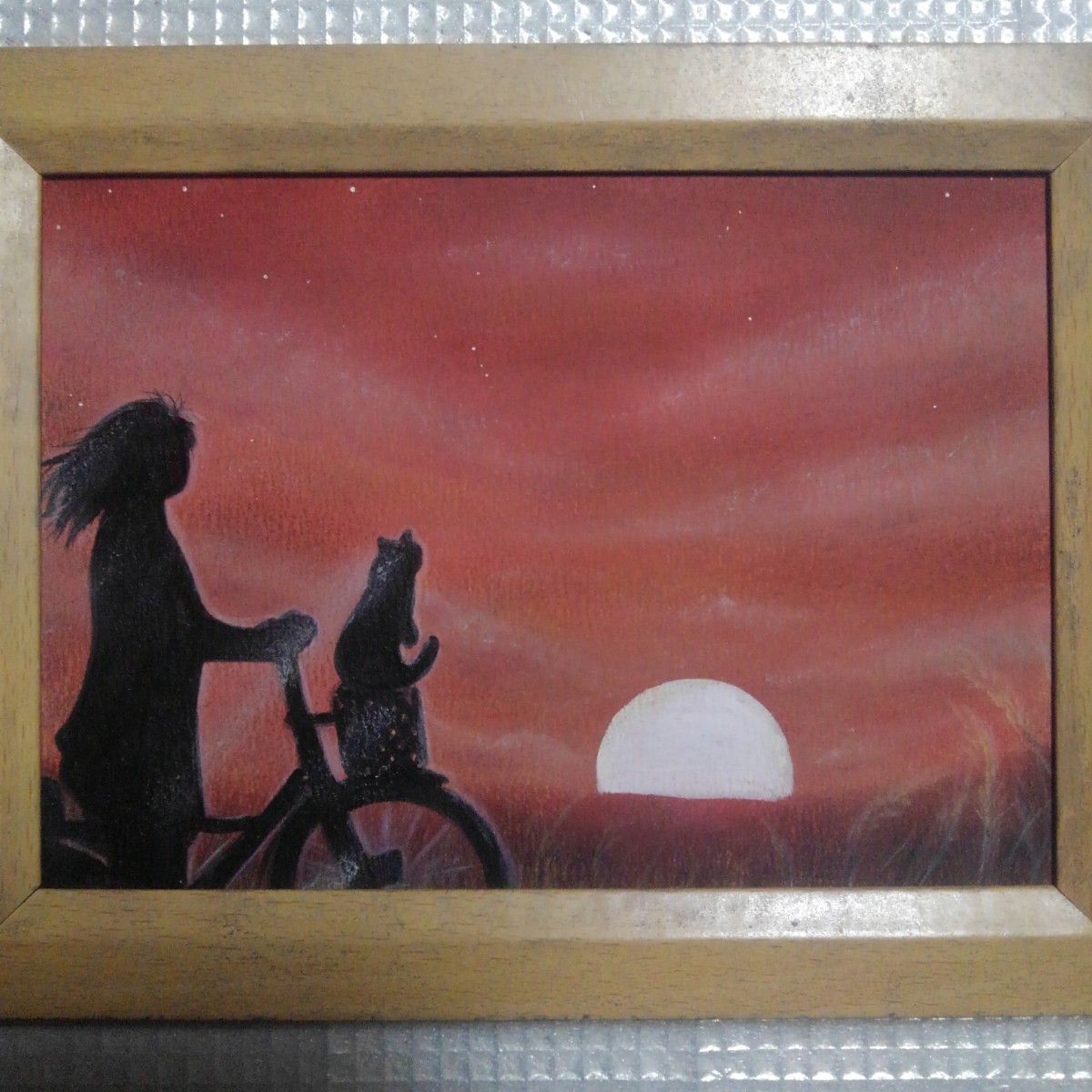 [Anonymous delivery] Painting Riding a Bicycle 2L size framed, artwork, painting, pastel painting, crayon drawing