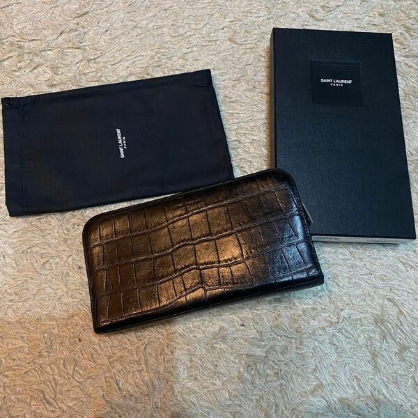 saint laurent paris 328558 クロコ　長財布 クロコ 型押し ブラック レザー 長財布