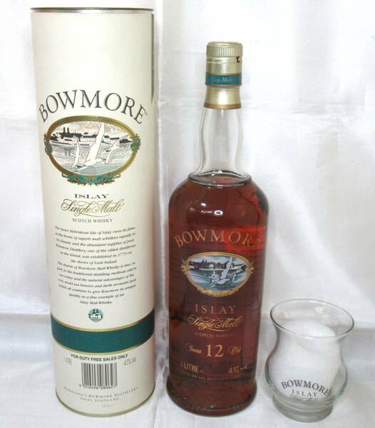 【未開栓、グラス付き！】BOWMORE / ボウモア　ISLAY　12年　カモメラベル　1000ml　43%　スコッチウイスキー　シングルモルト