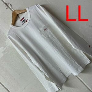 LLサイズメンズBALL胸ポケット長袖Tシャツ白ワンポイント綿100%