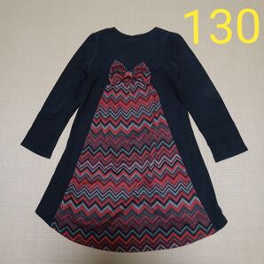 ビーデスビー 女の子 長袖 ワンピース チュニック ジグザグ レッド系 130