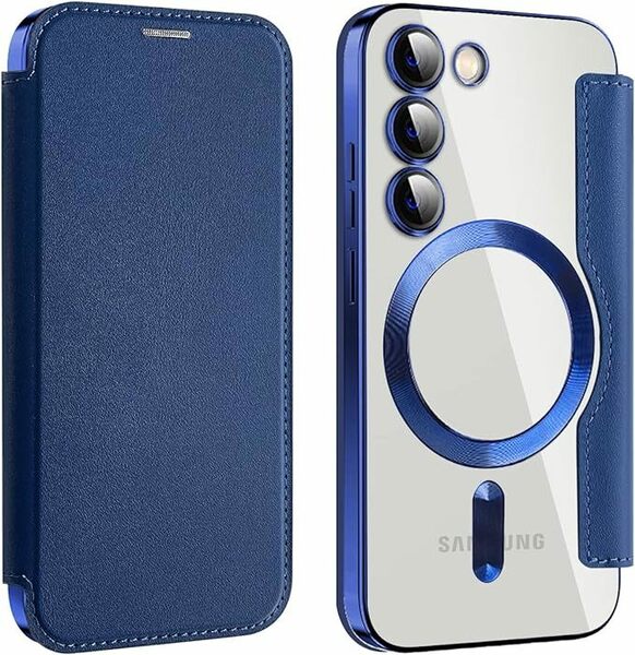 即決Galaxy S24+ Galaxy S24Plus レザーケース ギャラクシー s24 プラス クリアケース 透明 MagSafe充電 手帳型ブルー