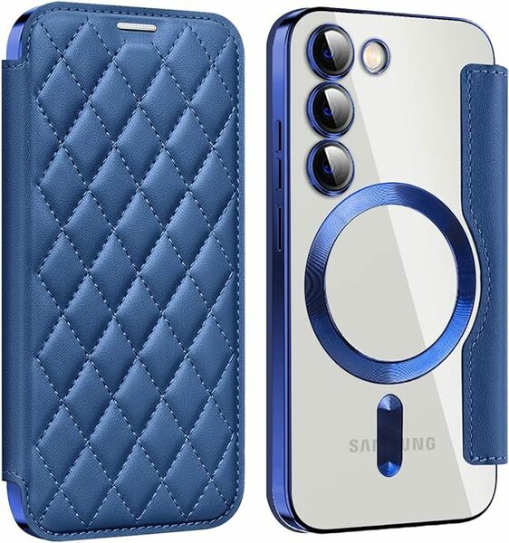 即決Galaxy S22 Plus レザーケース ギャラクシー s22 プラス クリアケース galaxy s22+ カバー透明 MagSafe充電 手帳型 ブルー