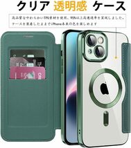 即決iPhone 13 レザーケース アイフォン14 クリアケース iPhone13 カバー 透明 カード収納 MagSafe充電 手帳型 グリーン_画像4