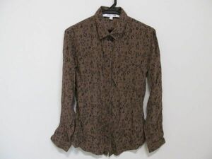 (56037)CARINE ROITFELD　UNIQLO　カリーヌ・ロワートフェルド　シルク　プリントシャツ　長袖　ブラウン　S　USED